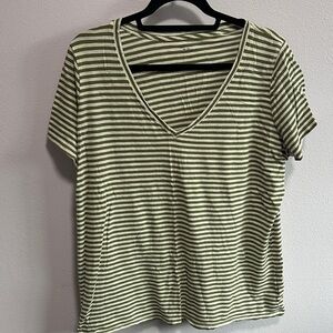Madewell Olive and White Striped V-Neck Tee